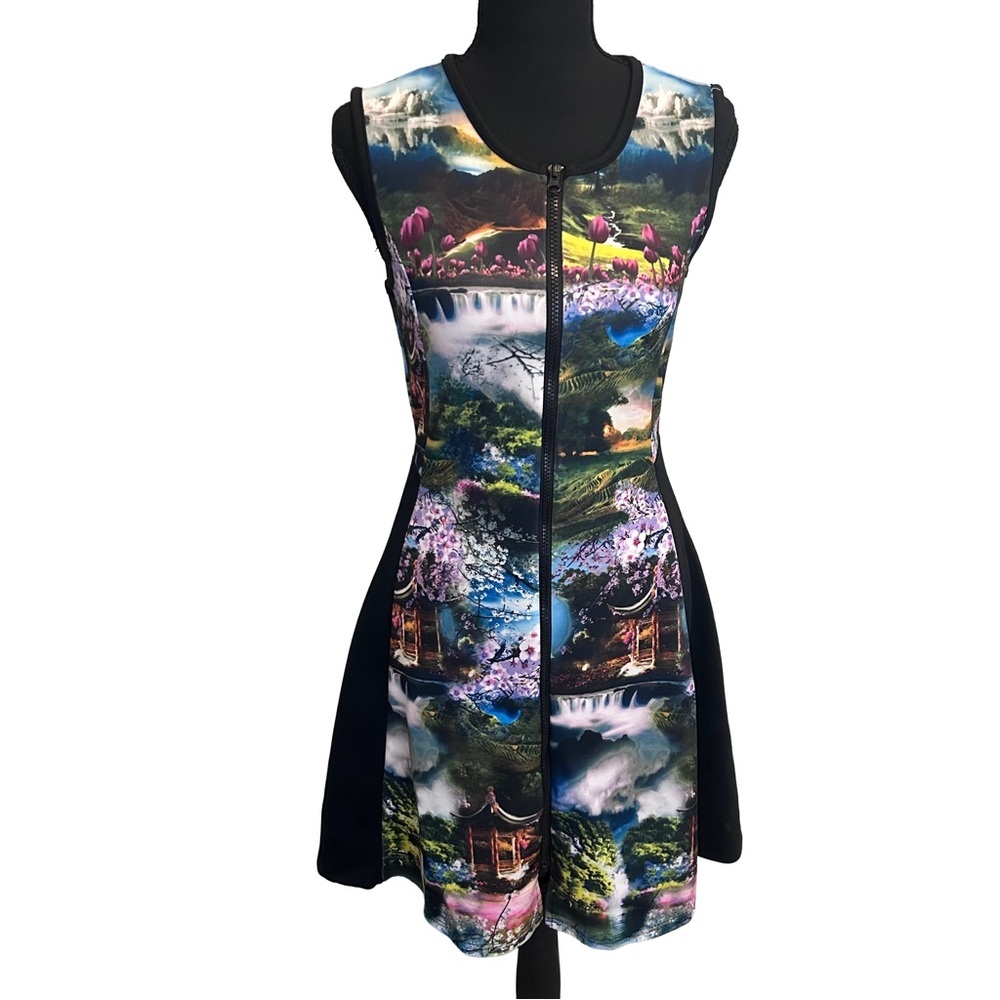Cocoom Zip Front Landscape Print Sleeveless Mini Dress Size S